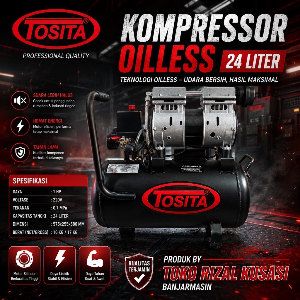 Kompresor 1 Hp / Kompresor TOSITA Oilless 24 Liter