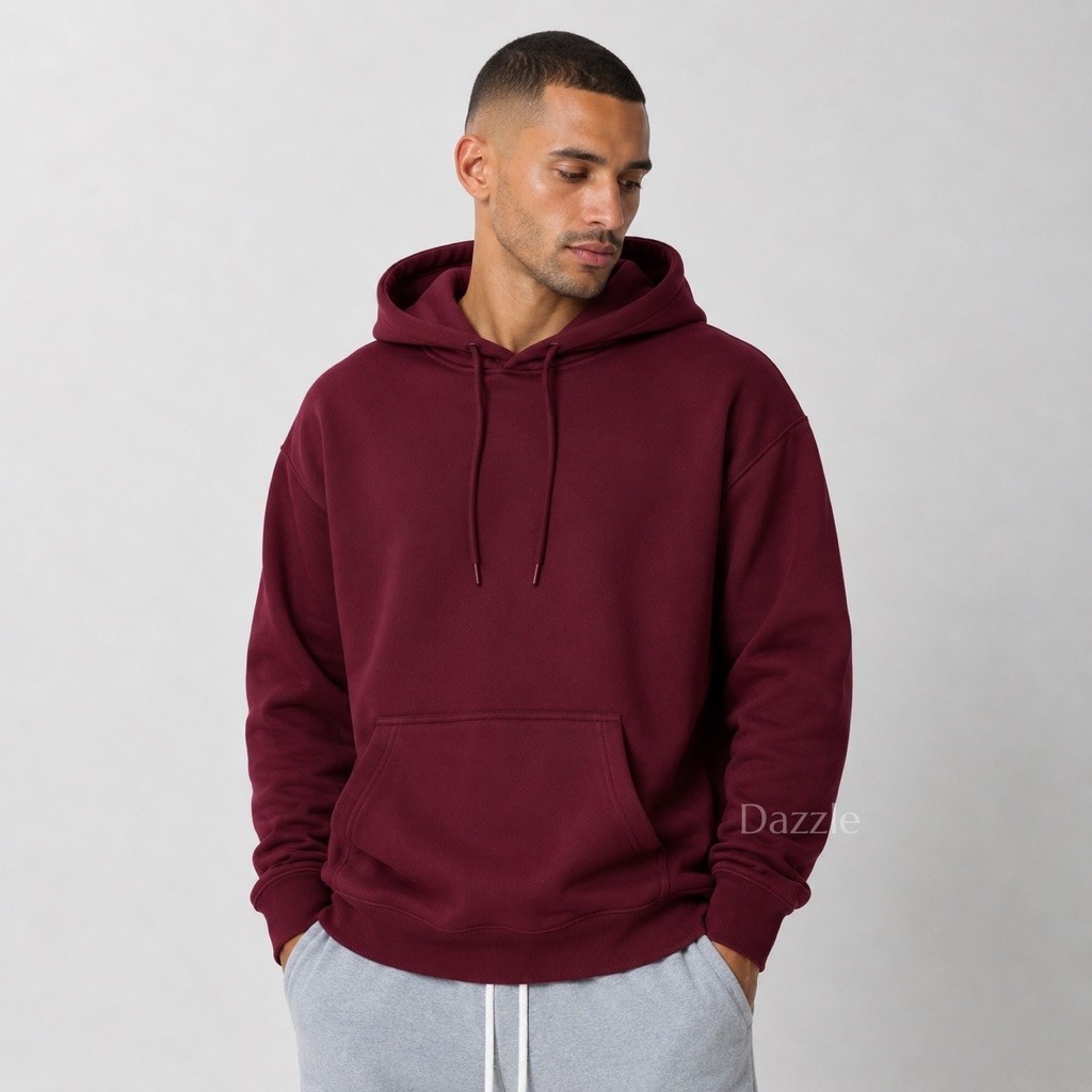 DAZZLE | HOODIE POLOS MAROON COTTON FLEECE UNISEX PRIA WANITA.