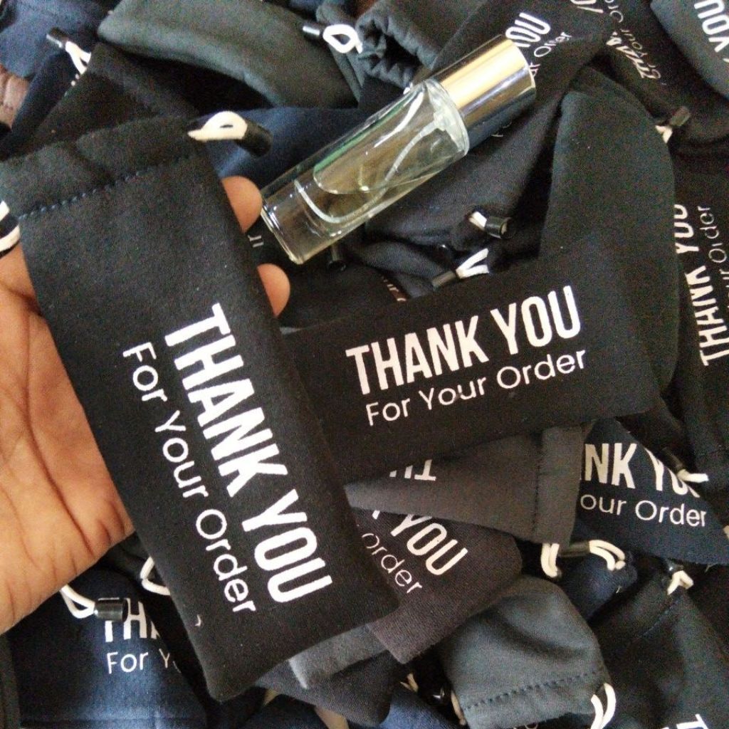 Tas serut - sarung parfum cetak sablon thank you.ukuran botol casa 30 ml
