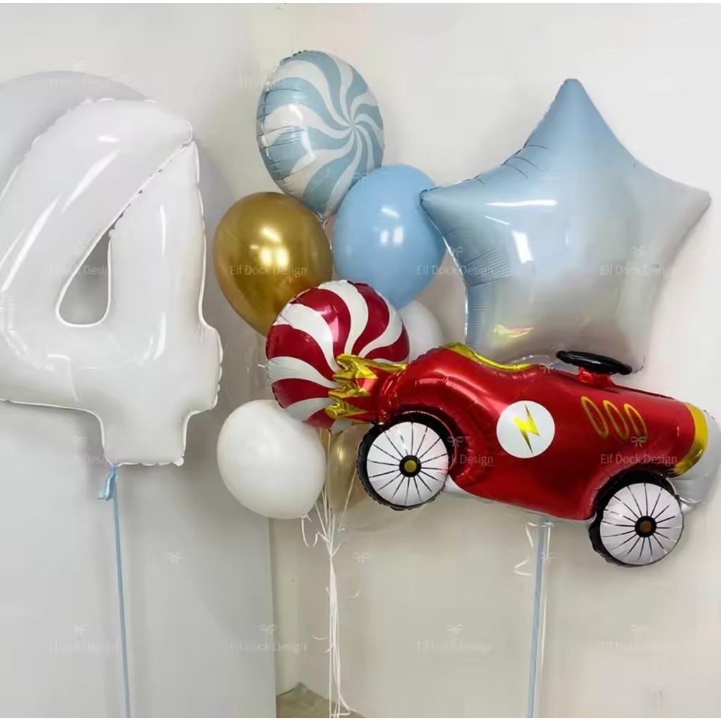 Set paket balon foil angka 80cm warna putih white racing mobil balap balapan race hiasan dekorasi pe