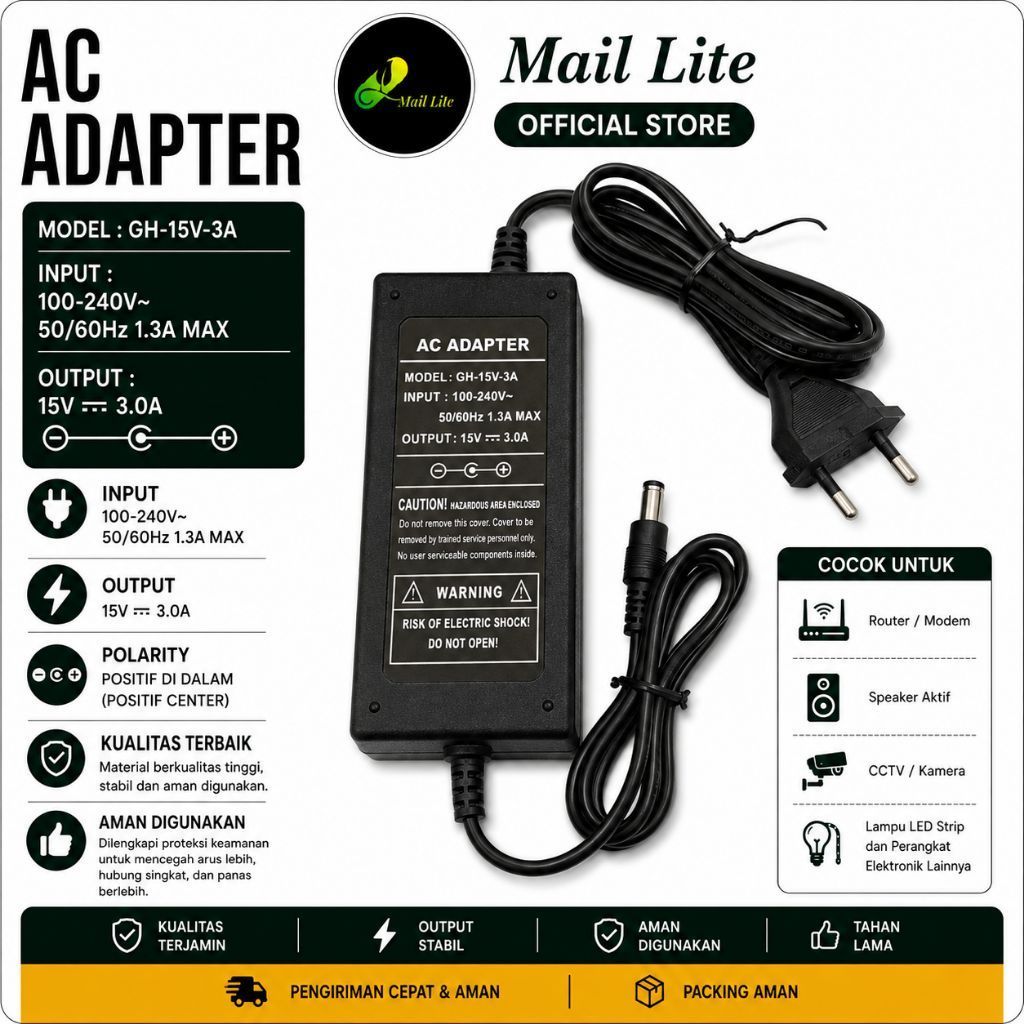 Adaptor 15V 3A GH-15V-3A AC DC Charger Power Supply 15V 3A