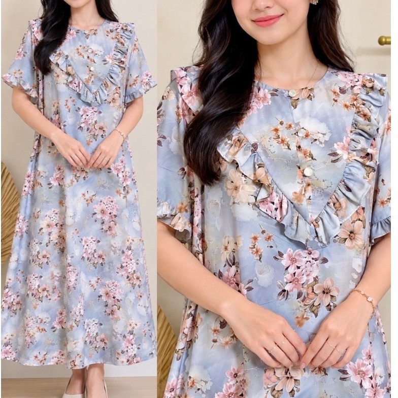 Elena Homedress Rayon Twill Premium Busui Friendly Daster Premium Wanita Ruffle Motif Bunga Dress Ru