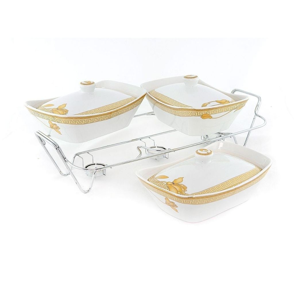 Paket Set Piring Saji Mewah Motif Gold/Bunga Prasmanan Vicenza Persegi Panjang B751