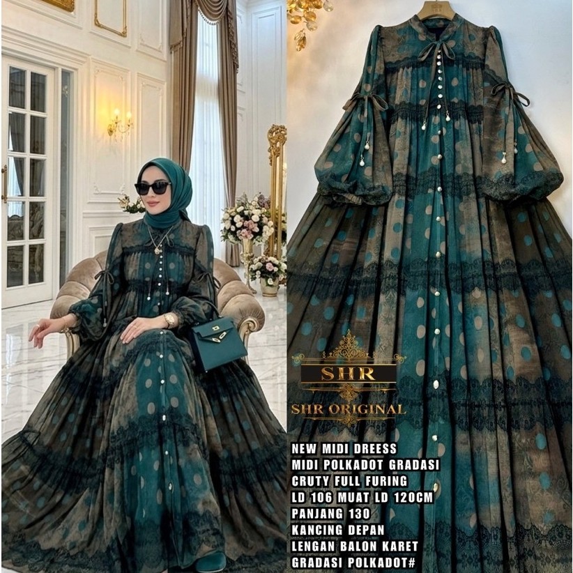 SHR ORI  READY MIDI DRESS RATU JODHA JUMBO POLKADOT GRADASI LENGAN BALON BY SHR ORI