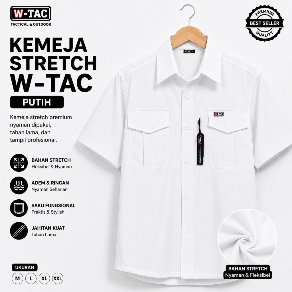 Kemeja Tactical Stretch W-TAC Lengan Pendek Putih