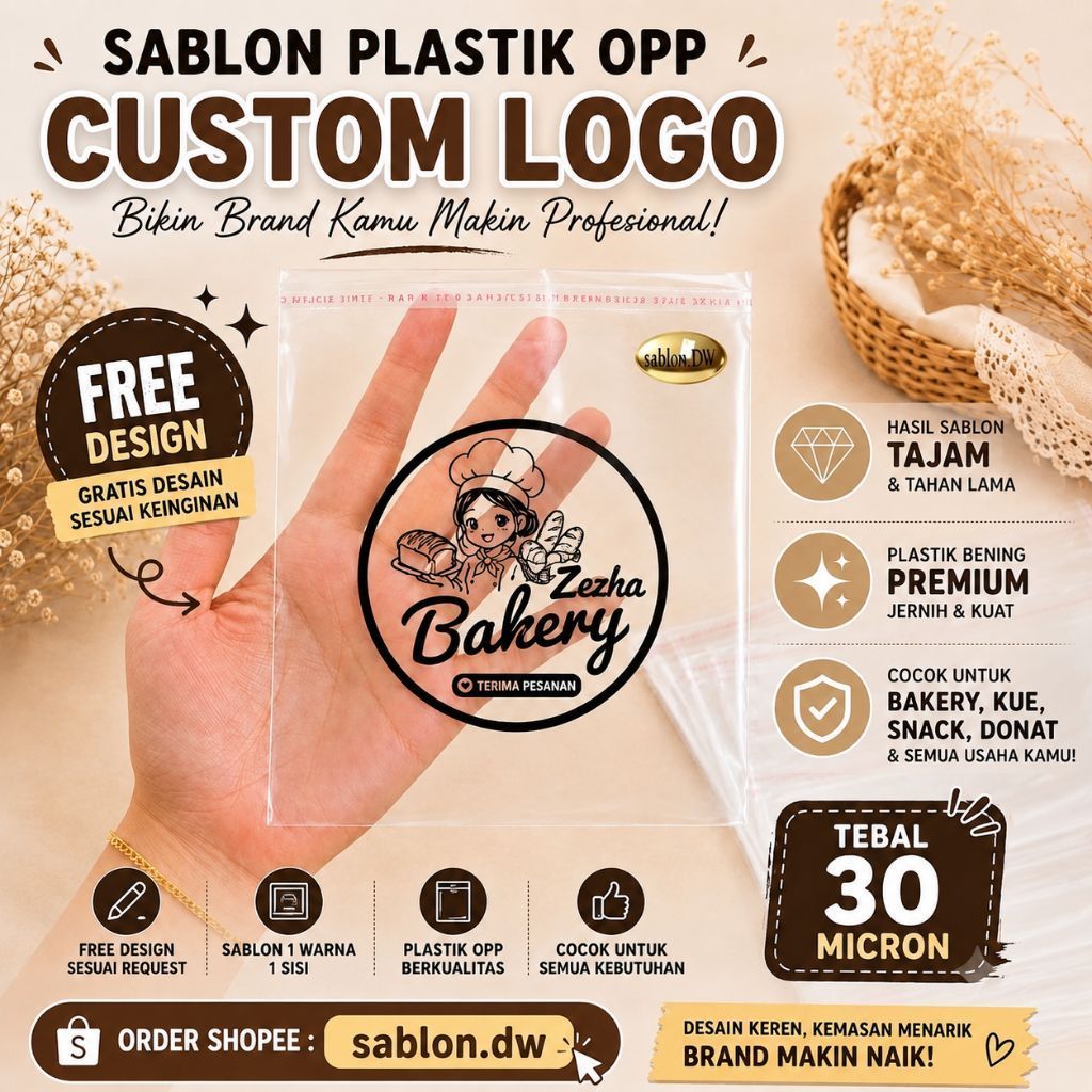 Sablon Plastik OPP Custom Logo Kemasan Roti Snack Bakery Transparan Free Desain tebal 30 micron mini
