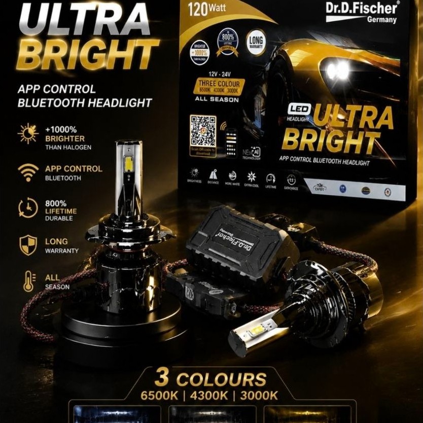 Lampu H4 LED Mobil Dr.D.Fischer Ultra Bright App Control Bluetooth 120W 3 Colour 6500K 4300K 3000K