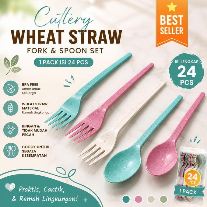 APITOYA 24pcs Sendok Garpu Plastik Jerami / Perlengkapan Makan Aesthetic Wheat Straw Pastel Series |