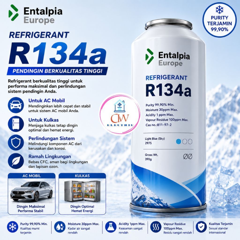 entalpia Europe R134a/R134/R 134,refrigerant kaleng,berat 390 gram harga/kaleng