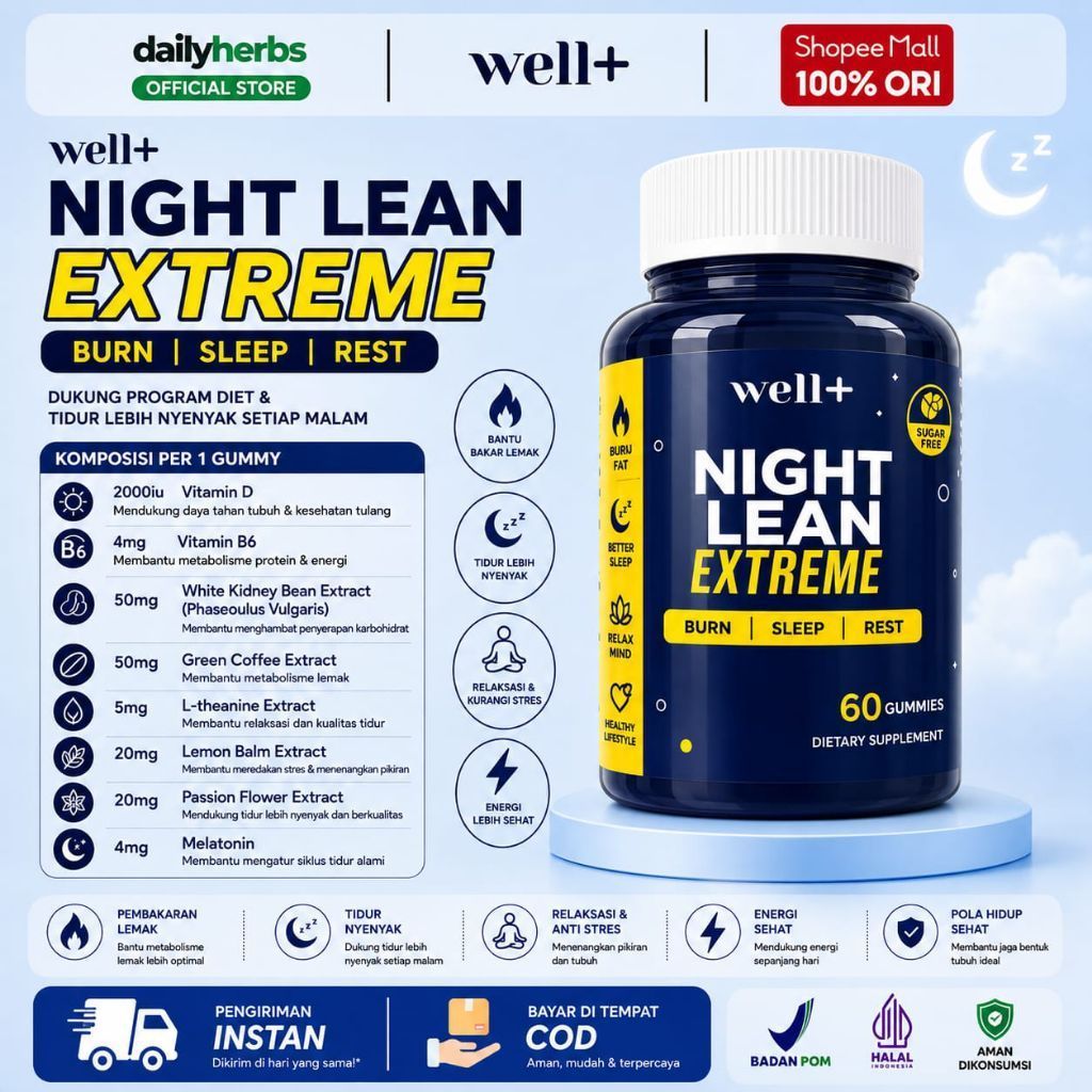 Well+ Night Lean Extreme 60 Gummies Fat Burner Calming Vitamin D 2000 IU