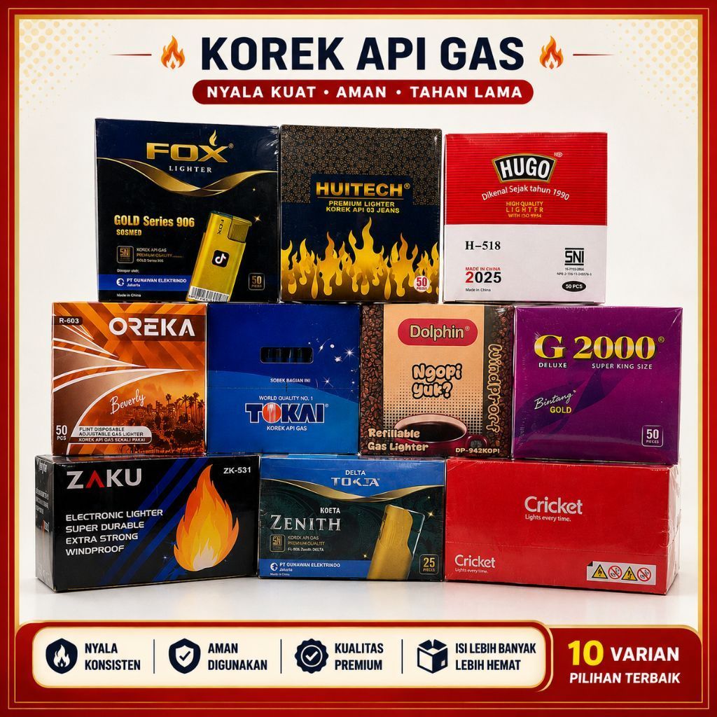 Korek Api Gas Bara Per Pack / Pak Grosir – FOX, Tokai, Cricket, Hugo, G2000, Dolphin, Oreka, Zaku, H