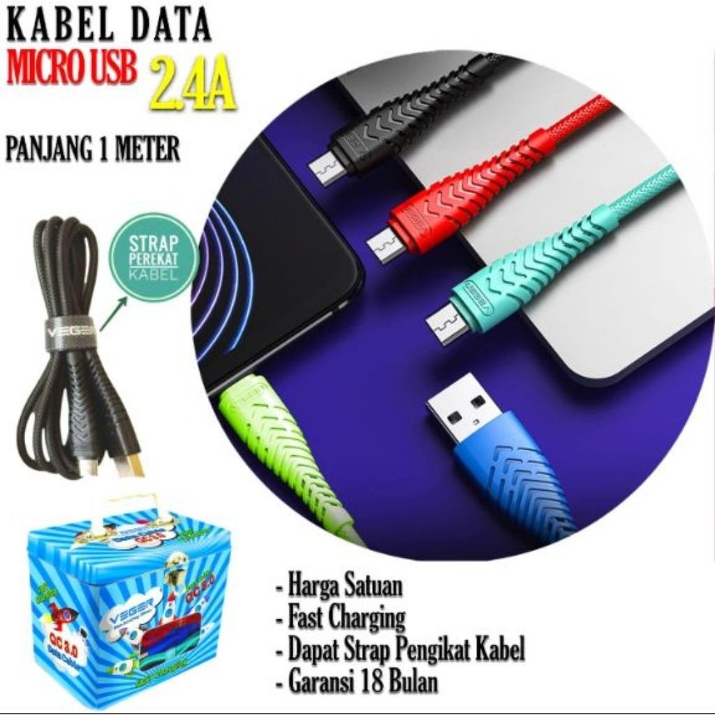 Kabel Data VEGER Type C dan  Micro USB 2.4A Panjang 1 Meter dengan Strap Perekat Kabel Fast Charging