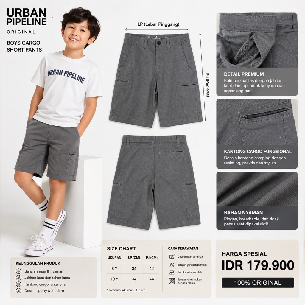 Urban Pipeline Original Cargo Short Anak Celana Pendek Anak Laki-Laki Abu Abu Size 8 tahun - 10 tahu
