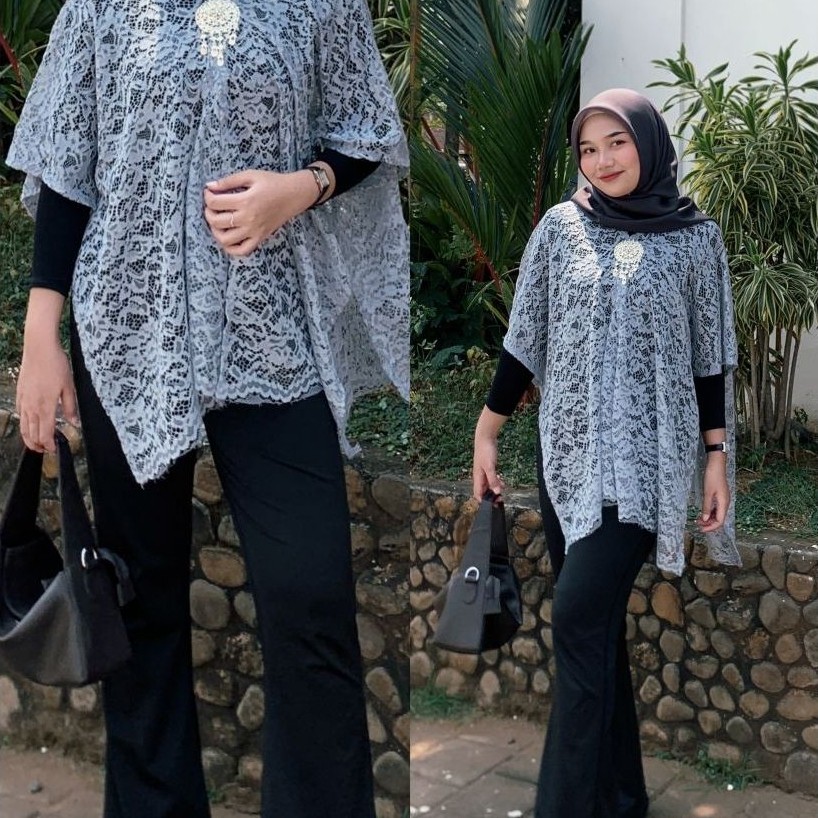 Tunik Lace Wanita Motif Bunga Lengan Pendek Model Longgar