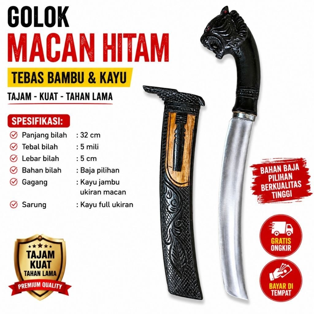 Golok/Bedog Macan Hitam Tebas Bambu & Kayu Baja Per Sepuh [ Siap Pakai ]