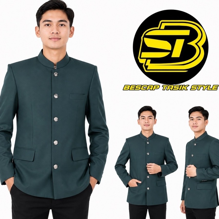 Jasko Polos Hijau Botol Modern Pria Muslim Motif Saku Tutup S-XXL