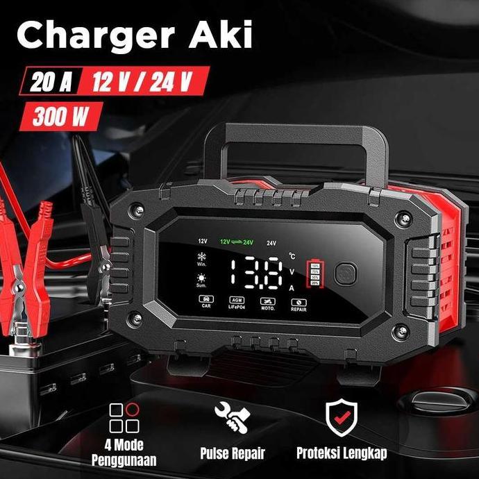 KATERINABLU FOXSUR Alat Cas Aki Charger Baterai Aki Mobil Motor Portable 20A 300W 12/24V - FPT-200