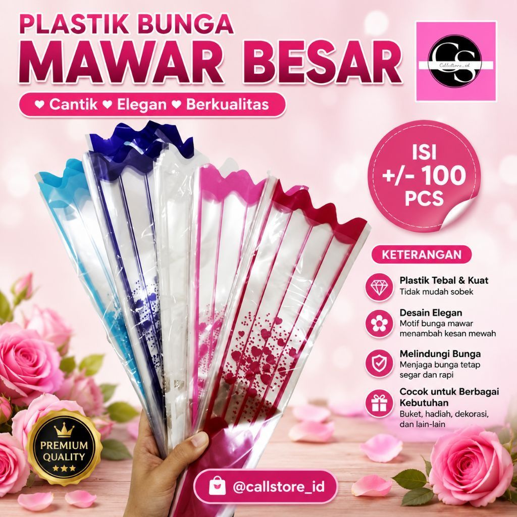 PLASTIK BUNGA TANGKAI BESAR / PLASTIK BUNGA BESAR ISI +/- 100PCS