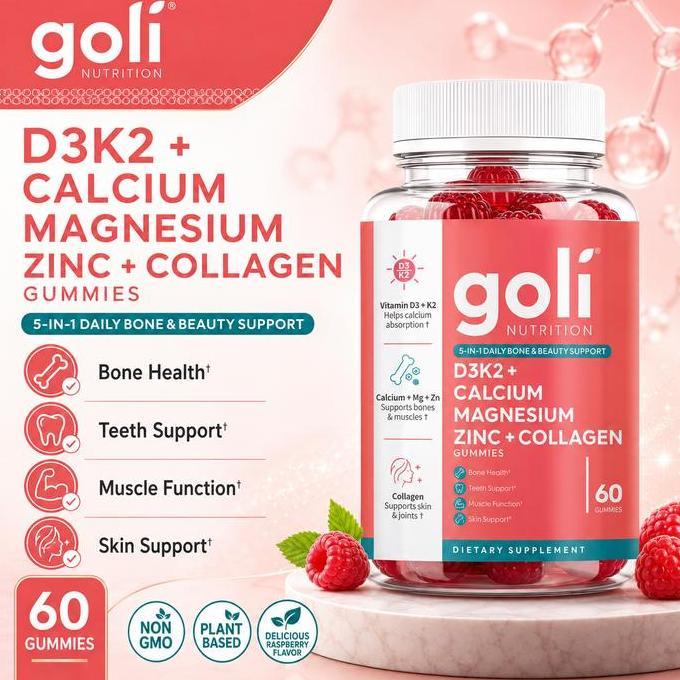 Zouu- Goli Nutrition D3K + Calcium Magnesium Zinc + Collagen Gummies Mendukung Pemeliharaan Tulang, 