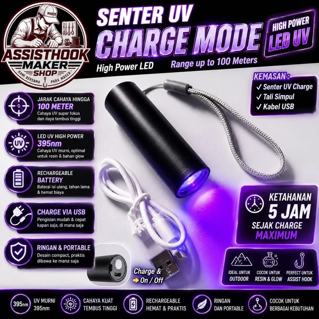 SENTER ULTRA VIOLET SENTER UV HIGH POWER 365NM/395NM PENGERING RESIN SENTER METAL JIG GLOW [AS01]