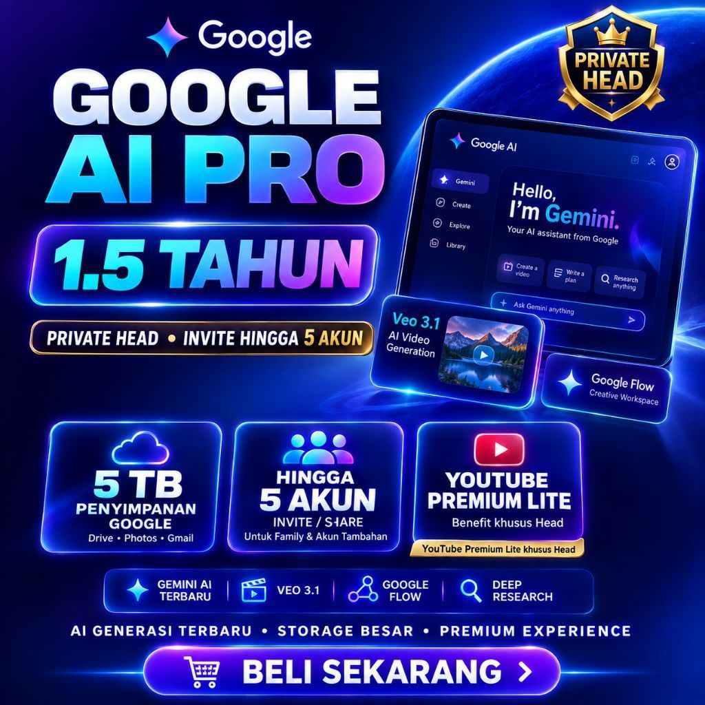 Google AI Pro 1.5 Tahun Private Head | 5TB Google Drive | Gemini AI | Veo 3.1 | Google Flow 1.000 Cr