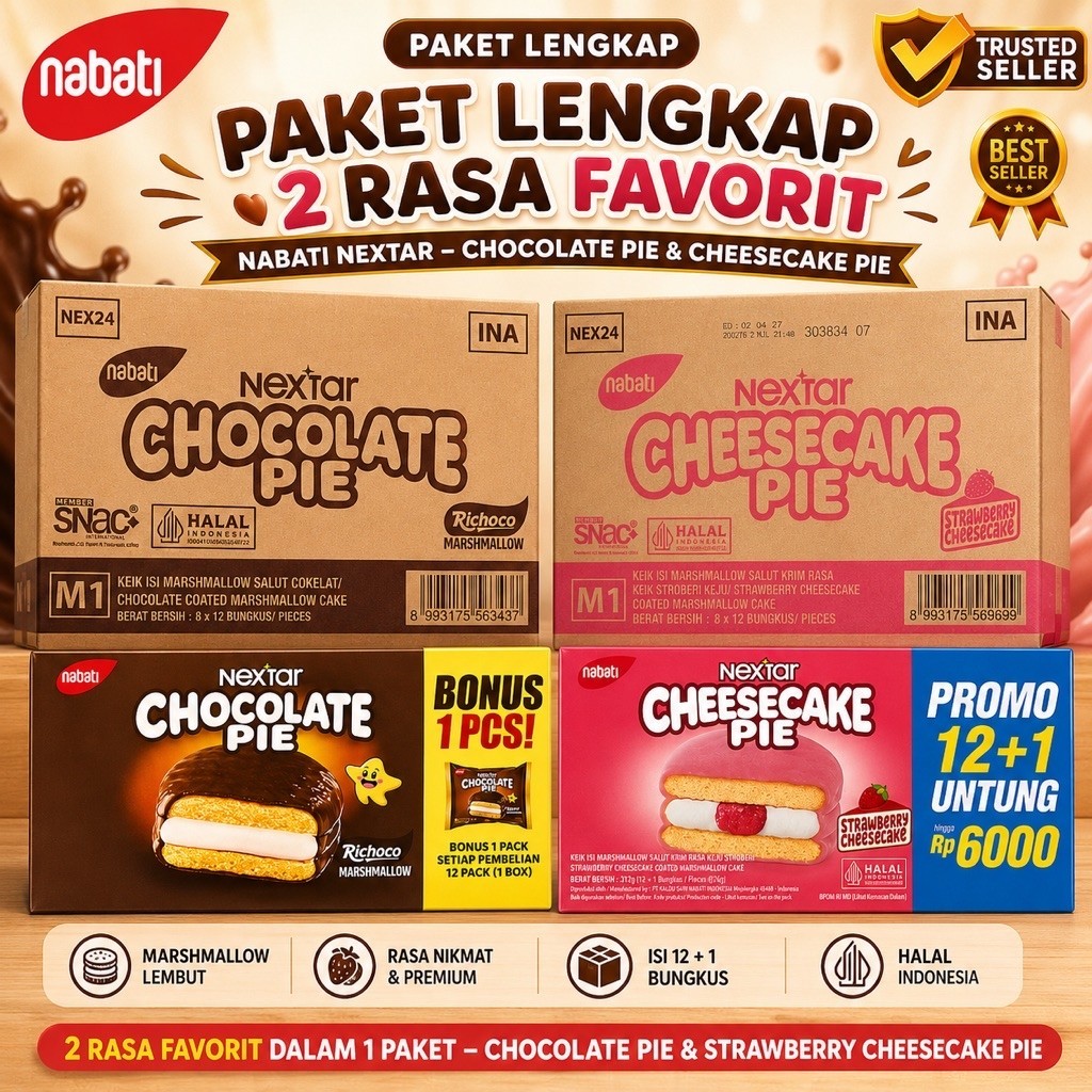 (1 Dus) Nabati Nextar Chocolate Pie Cheesecake Pie Richoco Marshmallow - Rasa Coklat & Strawberry Le