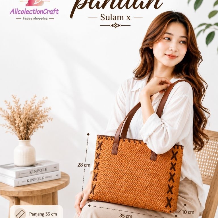 Tas pandan kepang sulam strip/ Tas pandan kepang sulam x/ Tasmendong/ Tas etnik