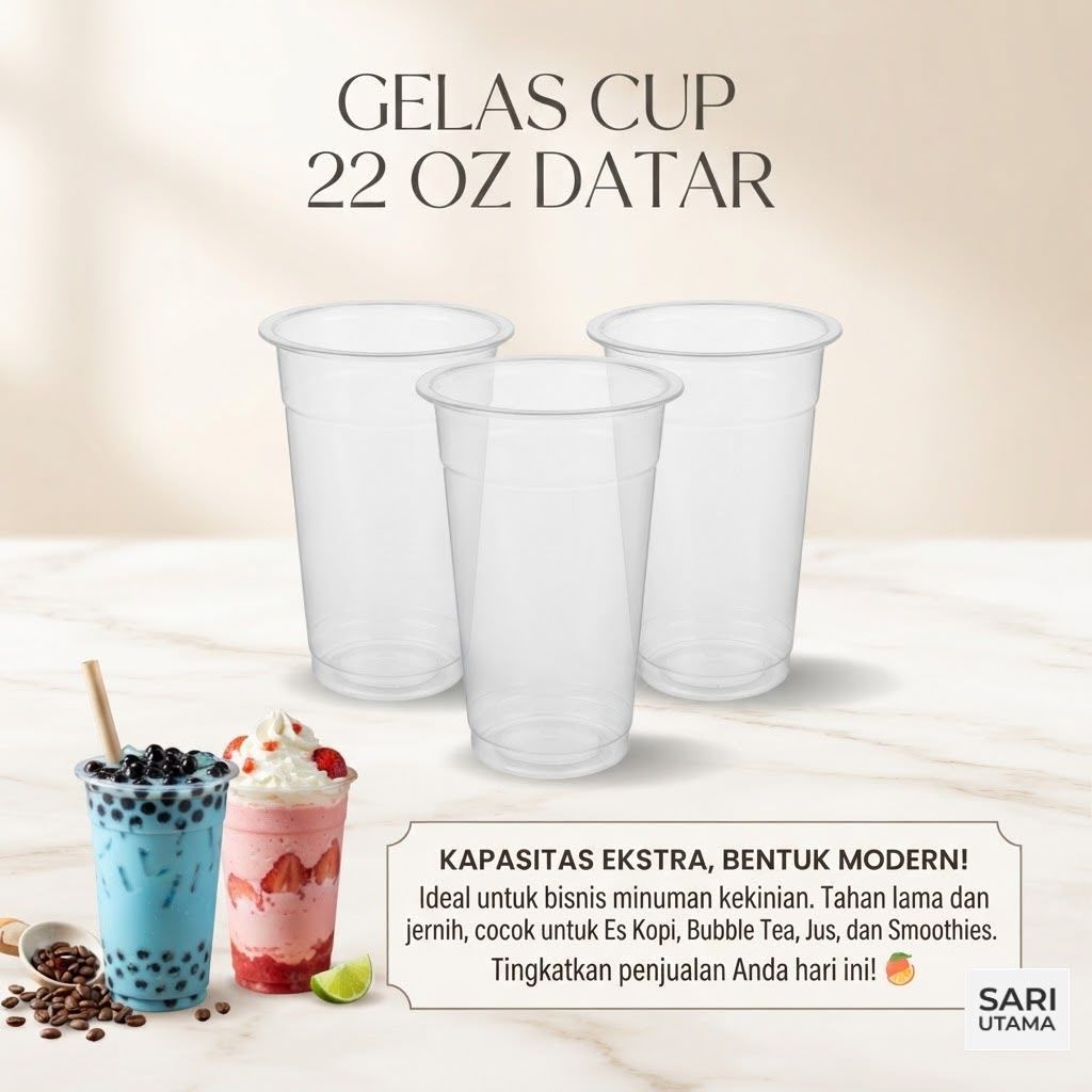 Gelas Es Teh Jumbo Gelas Cup 22 Oz Datar Plastik Bening isi 50