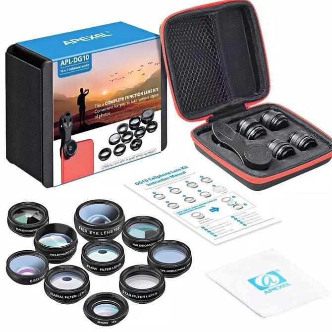 TERBARU - APEXEL 10 in 1 Lensa hp CPL Fisheye Macro Telephoto Wide Angle Lens