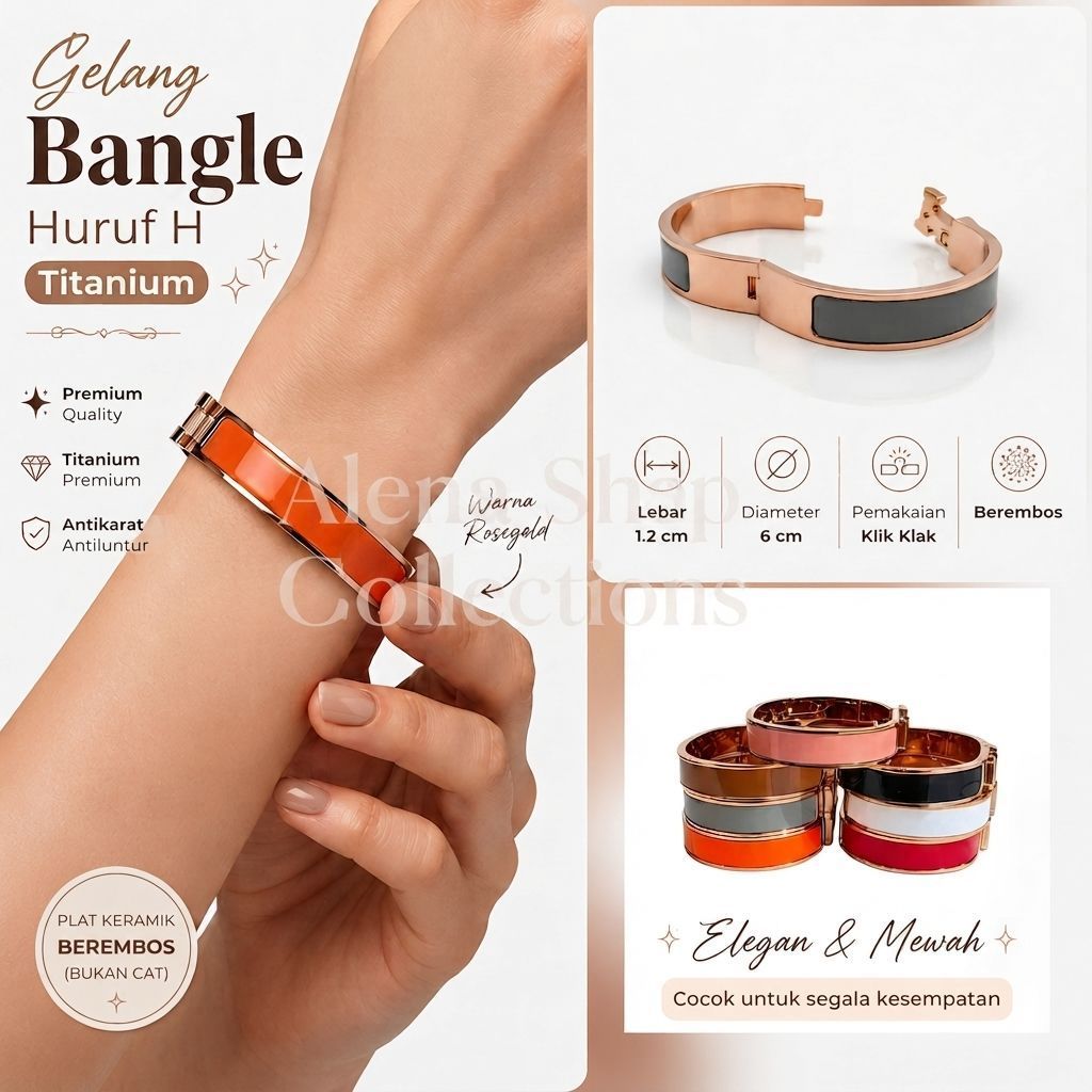 Gelang Bangle Huruf H Berembos Grafir Titanium Antikarat Premium