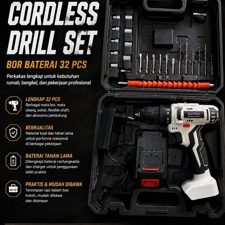 Cordless Drill Bonkyo 32PCS Bor Baterai Set Lengkap Ex Display