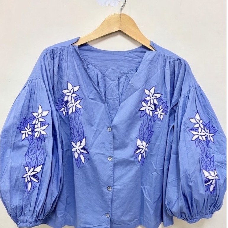 Blouse Bohe Biru Bordir Lengan Balon Zara Cut Label