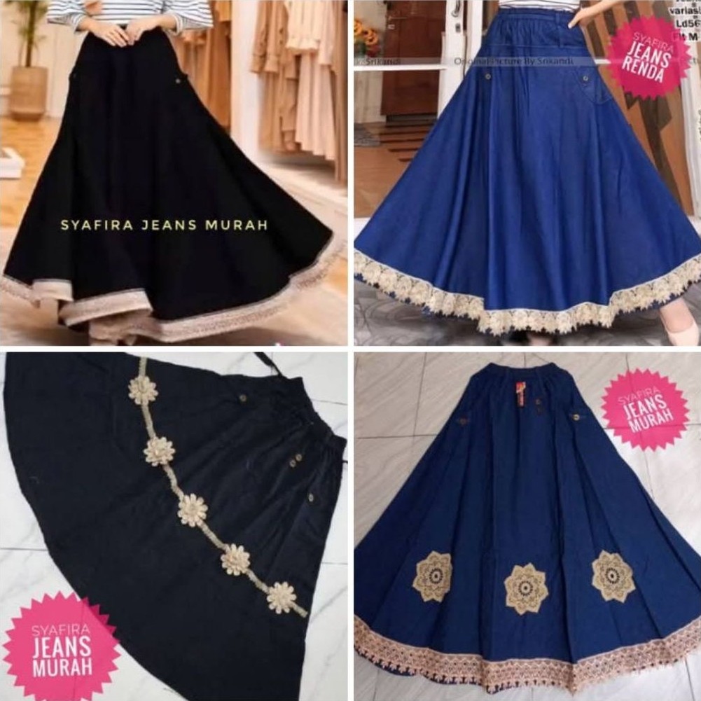 Rok jeans mayung motif renda lebar bawah rok Levis panjang wanita premium