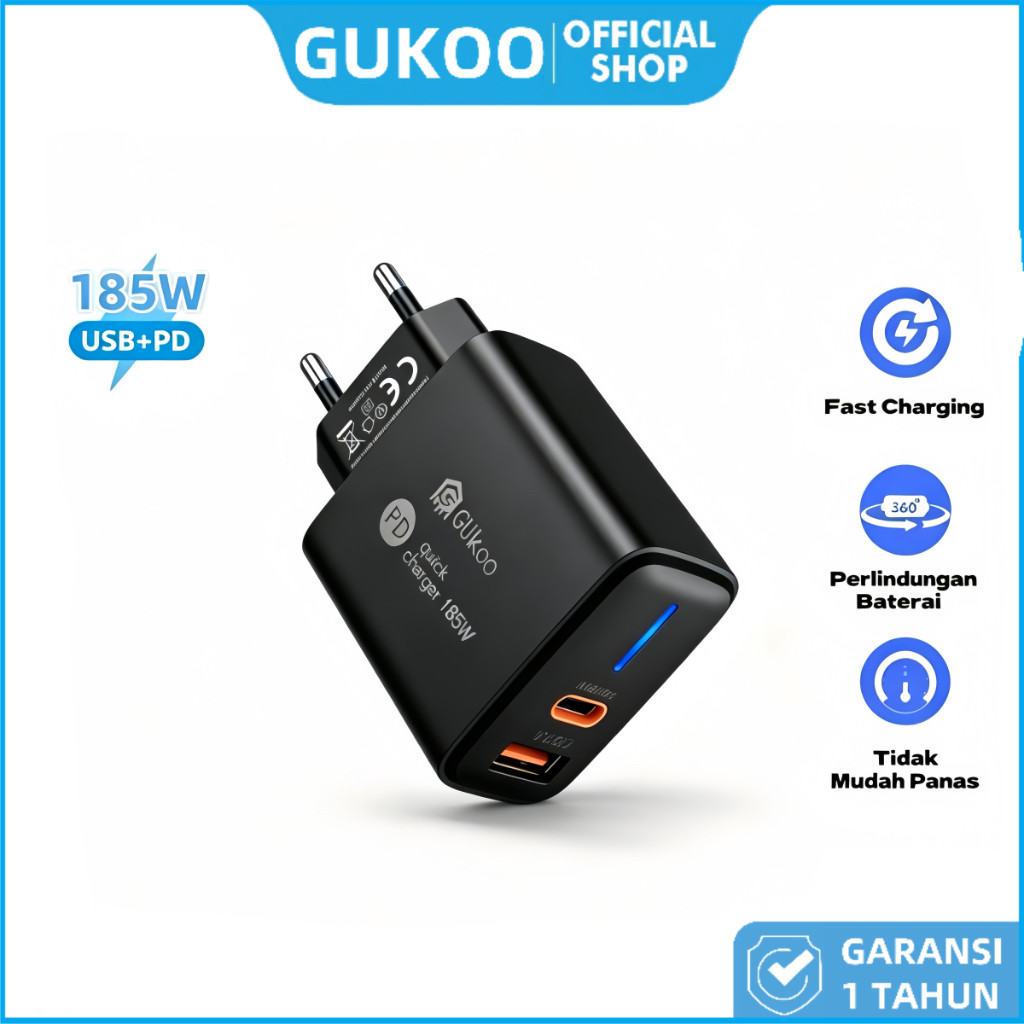 GUKOO Kepala Charger GUKOO 185W Fast Charging Dual Port USB-A QC3.0 + Type-C PD Adaptor Colokan EU U