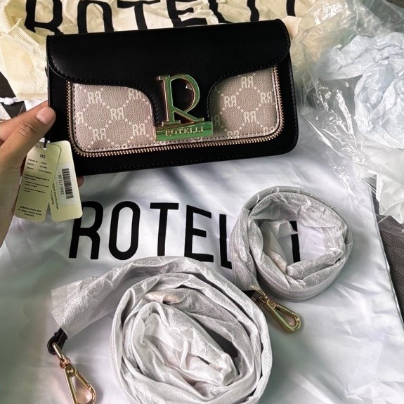 Tas Selempang Wanita ROTELLI warna hitam motif monogram dengan tali panjang