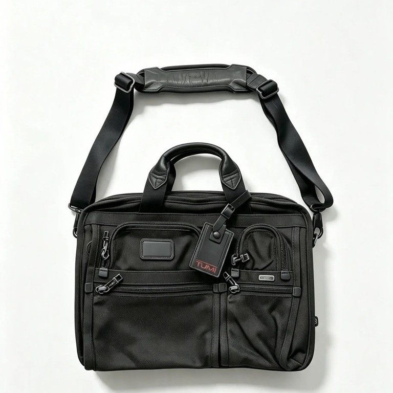 Tas selempang pria TUMI briefcase hitam dengan banyak kompartemen dan tali bahu