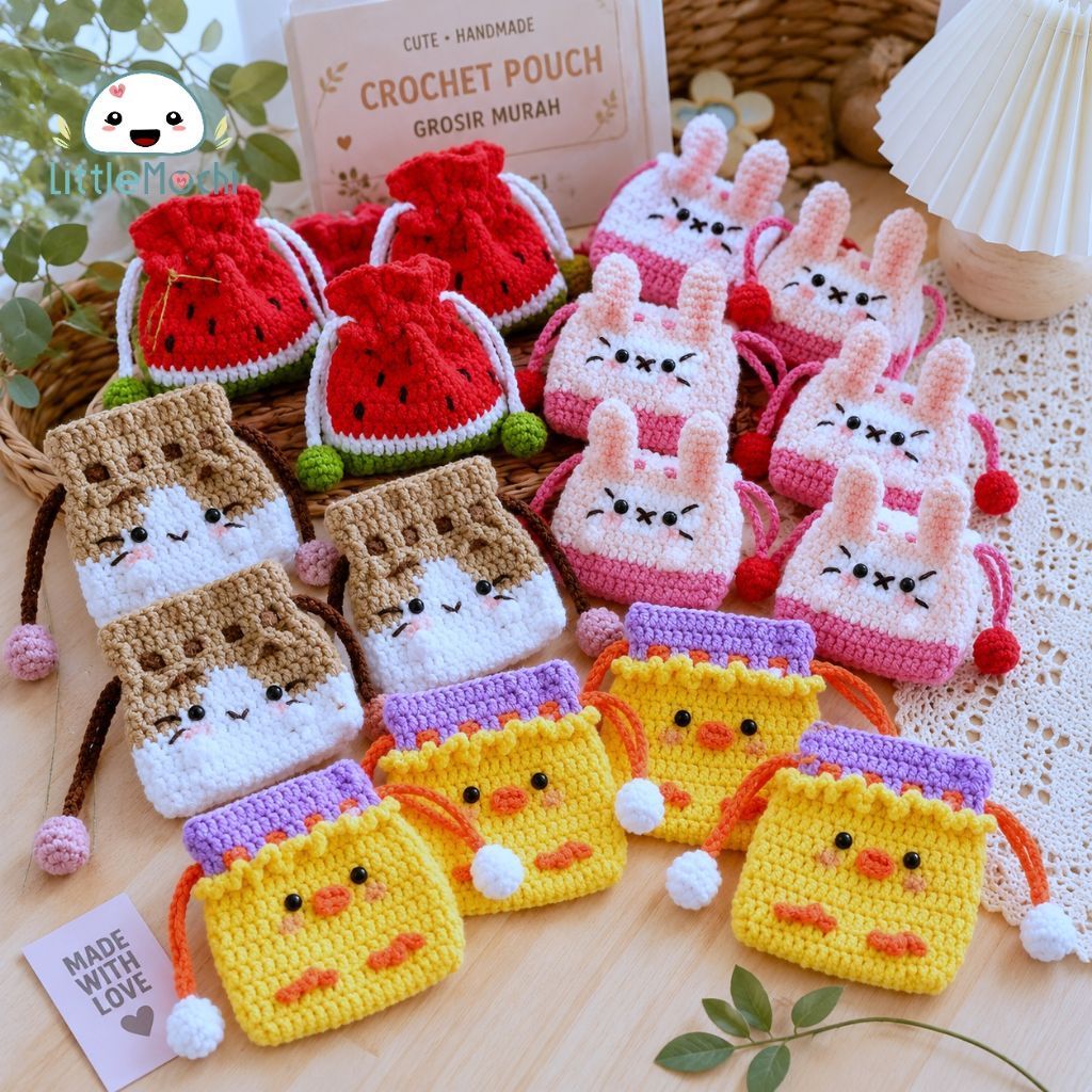 GROSIR murah souvenir mini pouch rajut / kantong permen souvenir ulang tahun / paket usaha tas serut