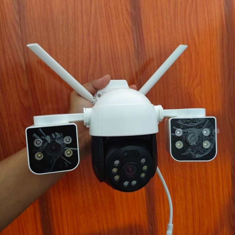 Cctv 3 Lensa Konek HP Pantau 3 sisi Jarak Jauh Berputar 360