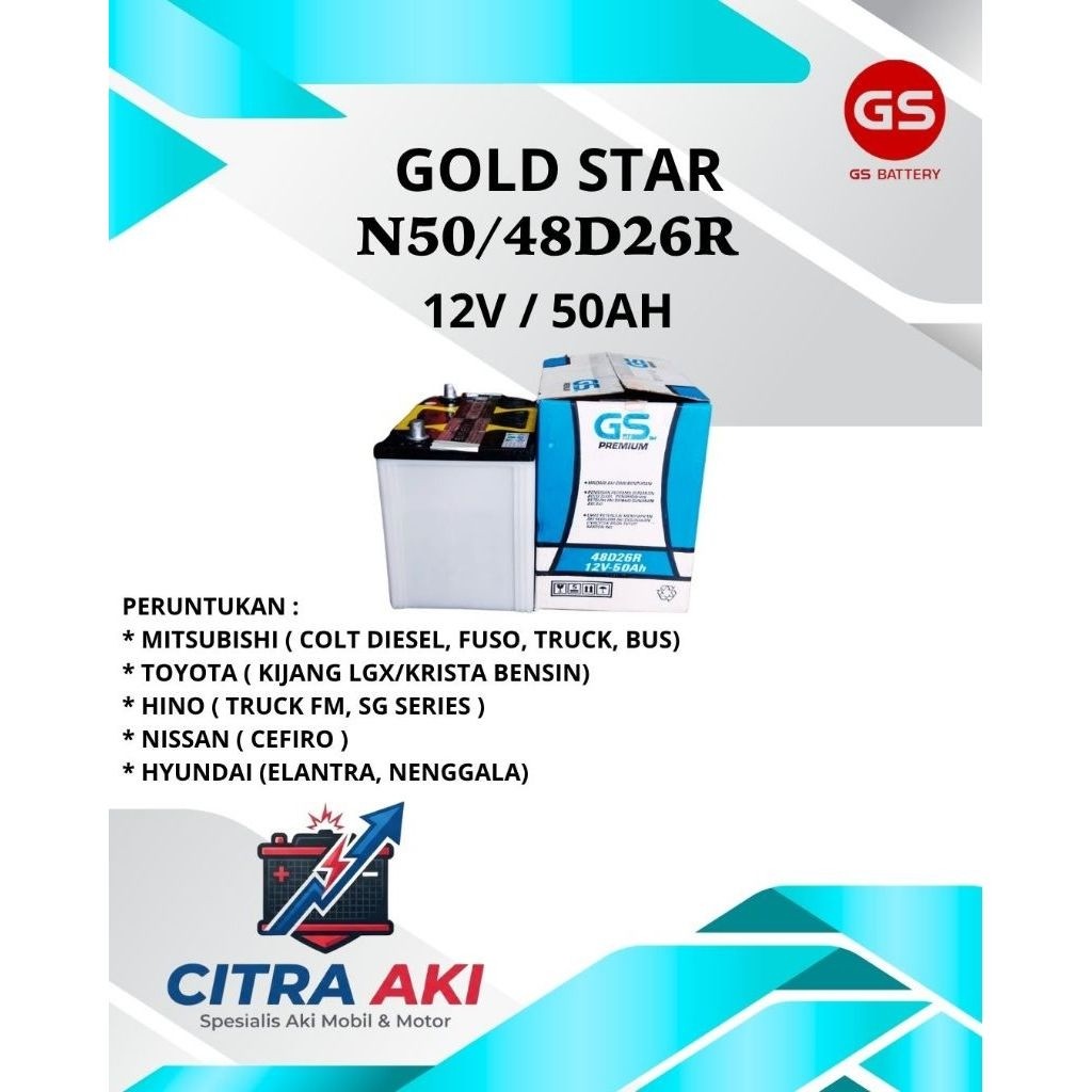 Gold StarN50 48d26r,Aki basah mobil colt diesel N50 GS 12v50ah12v 50ah