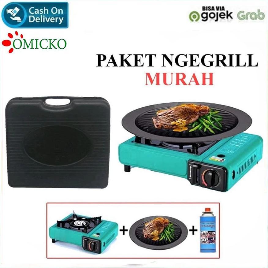 Paket Kompor Portable + Grill Pan Anti Lengket Omicko | Alat Masak BBQ & Grill