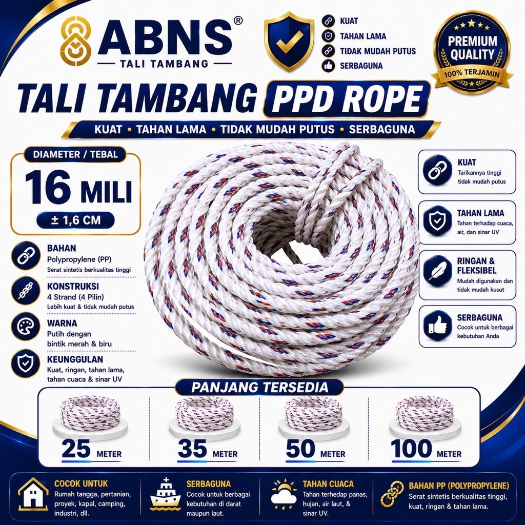 TALI TAMBANG PPD 16 MILI (50 METER) / TALI TAMBANG PPD 16 MILI / TALI TAMBANG 16 MM / TALI TAMBANG K