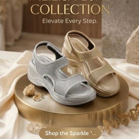 Sandal Wanita Platform Slip On Tali Pinggang Kaki Koleksi Sparkle Warna Abu-abu dan gold