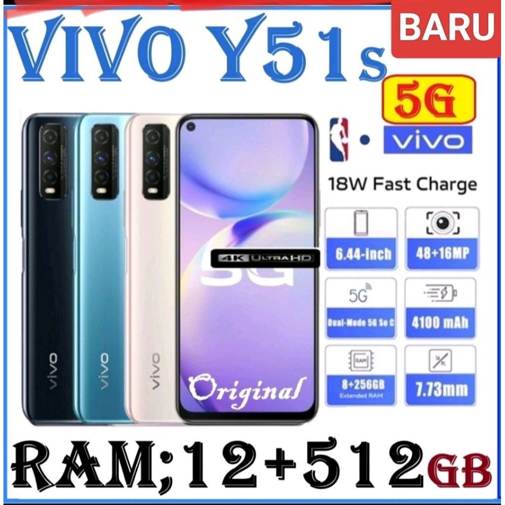 Hp SMARTPHONE HP Vivo Y51s (5G) RAM 12GB ROM 512GB DualSim Lyar 6.44 Inch 48+16MP 4500mAh 18W Fast C