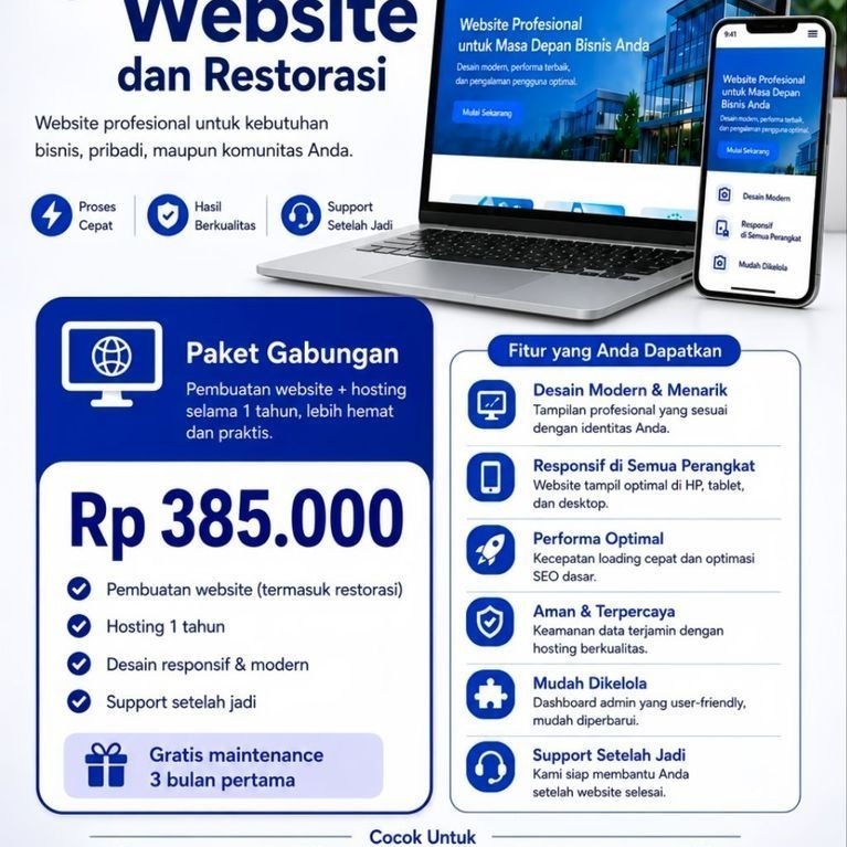 Jasa Website dan Restorasi Profesional Responsif Modern dengan Hosting 1 Tahun