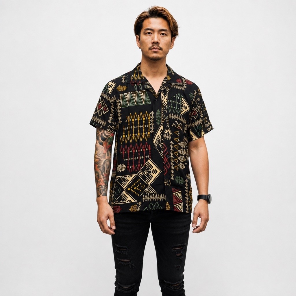 NRKY Kemeja pria motif batik tribal nusantara lengan pendek bahan adem