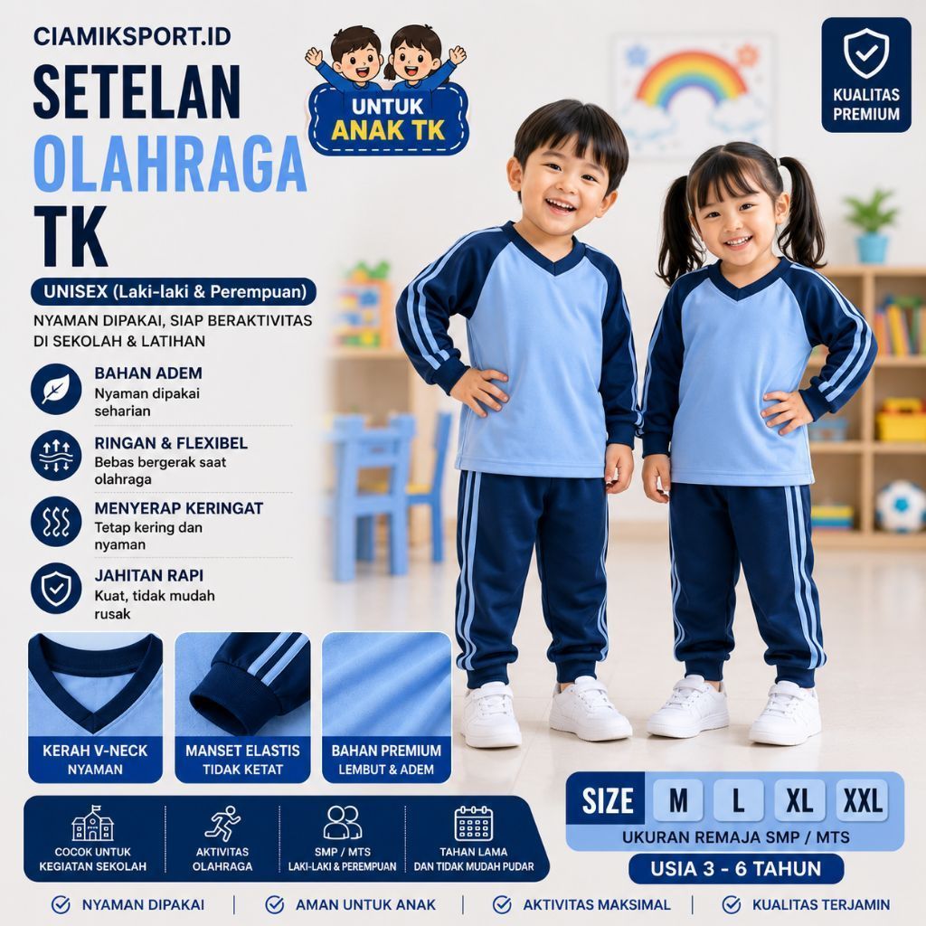 Setelan Olahraga Anak TK Unisex Baju Celana Training Sport Anak Laki Laki Perempuan