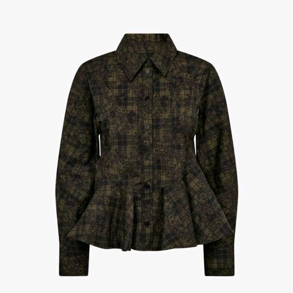 GANNI WOMEN'S - GANNI PRINTED STRETCH COTTON PEPLUM SHIRT - GOTHIC OLIVE