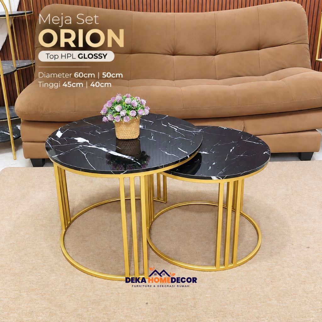 1 Set Meja Tamu Minimalis ORION HPL Motif Marmer Glossy Besi Gold Industrial Ruang Tamu Estetik