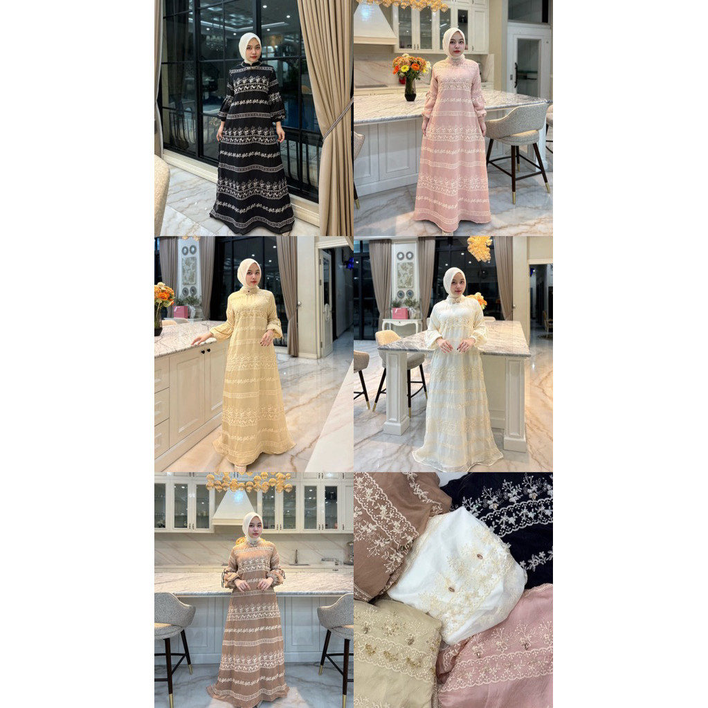 Gamis Malaysia organza milky bordir mix Marbella twill + fayet Model rerliting belakang tangan ada k