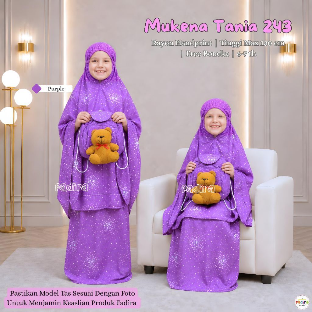 Mukena Tania 243 / Mukena Anak kids rayon motif | Usia 6 th - 11 th MAX TB 130 CM | Mukena Anak By F